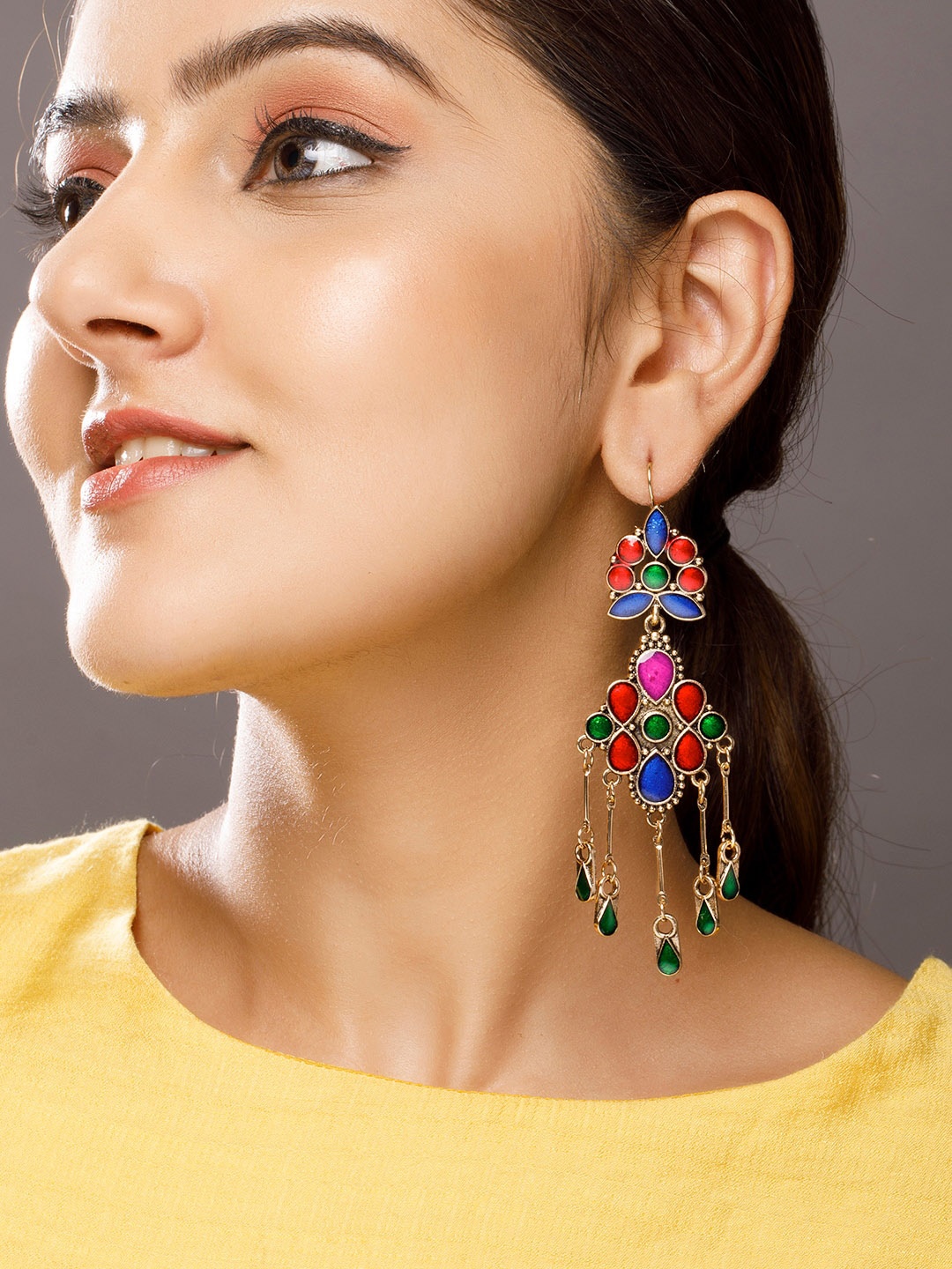 

Rubans Red & Blue Gold Plated Stone Studded Drop Earrings