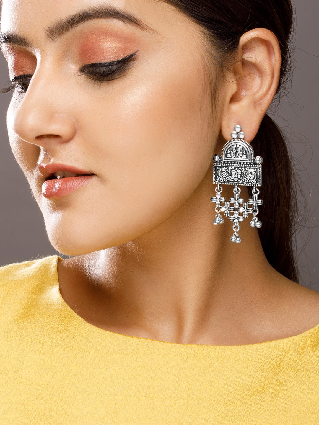 

Rubans Silver-Toned Oxidised Geometric Drop Earrings