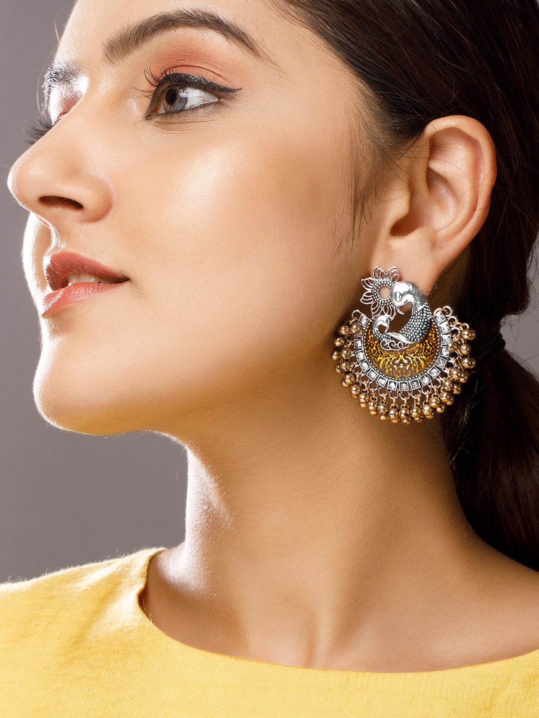 

Rubans Gold-Toned Oxidised Peacock Shaped Chandbalis Earrings