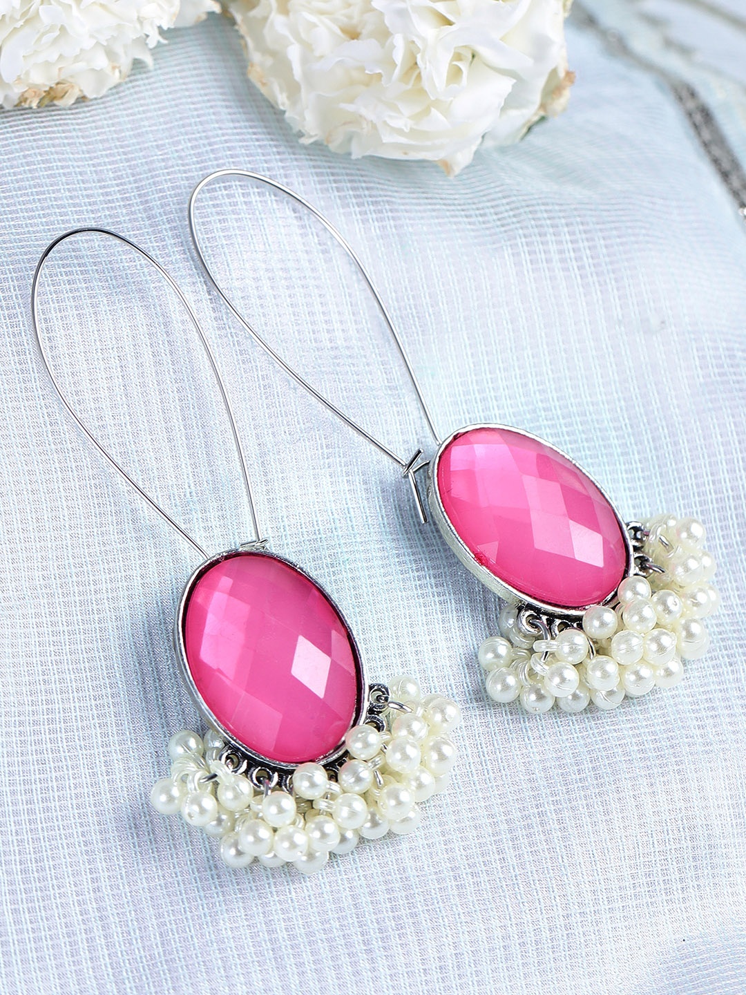 

Rubans Silver-Toned Oval Drop Earrings
