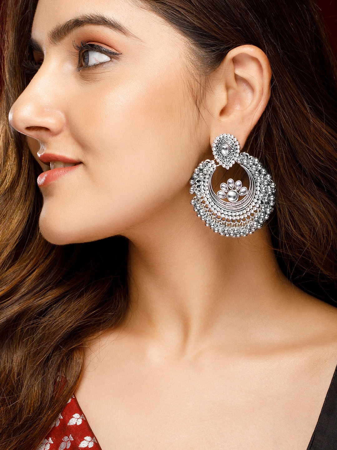 

Rubans Silver-Toned Crescent Shaped Chandbalis Earrings
