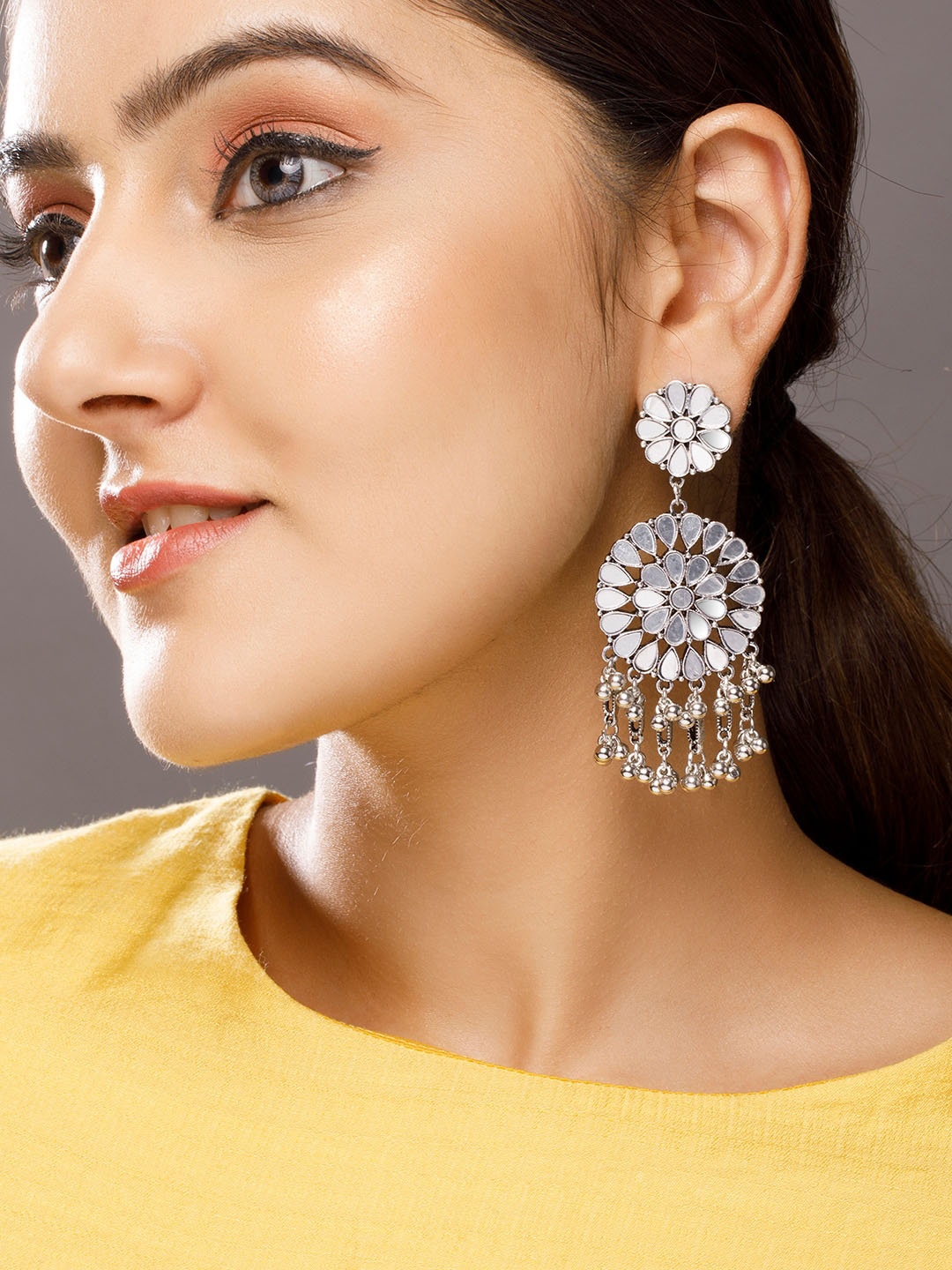 

Rubans Silver-Plated Mirror Studded Circular Drop Earrings