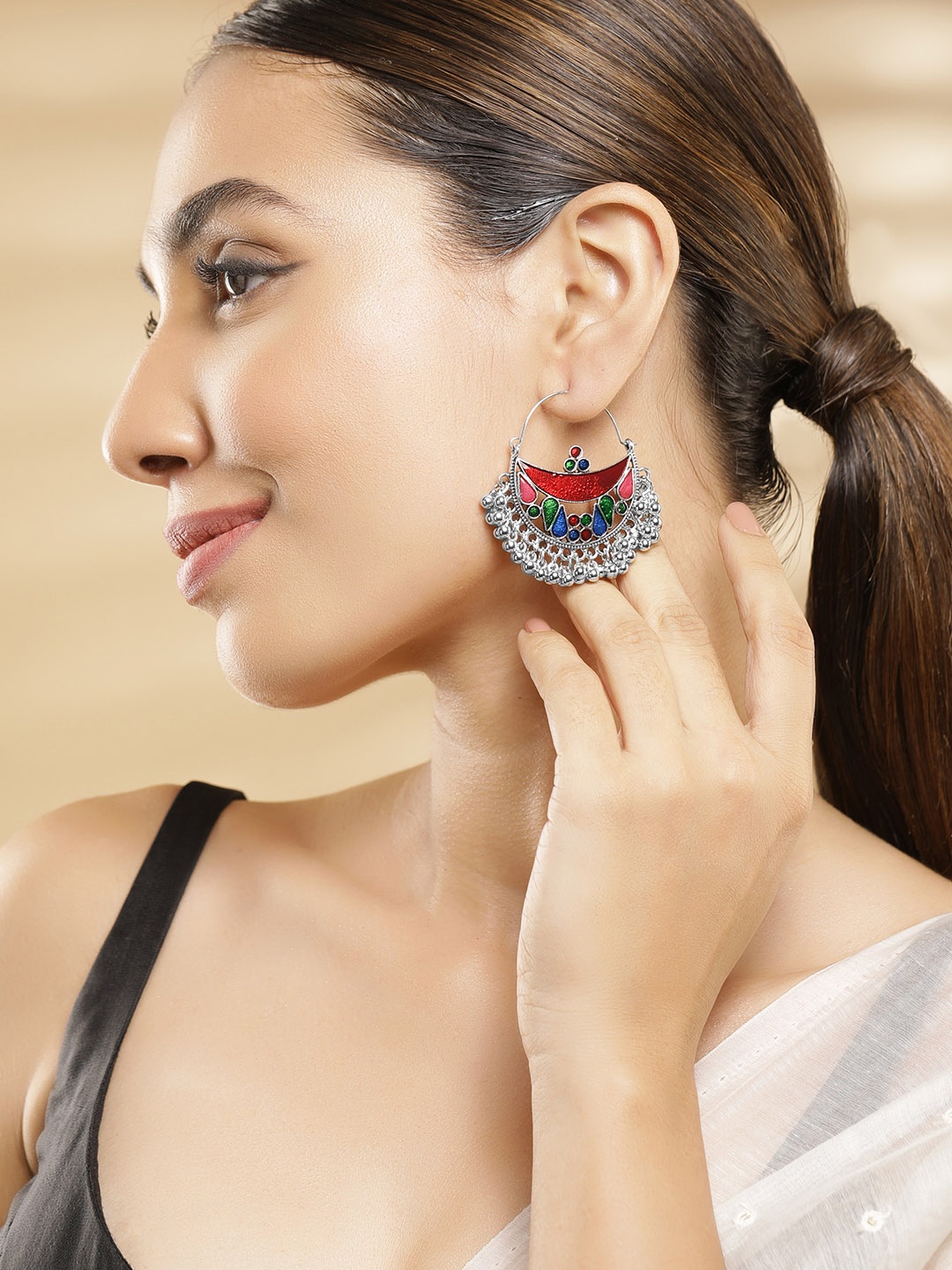 

Rubans Silver-Plated Crescent Shaped Chandbalis Earrings
