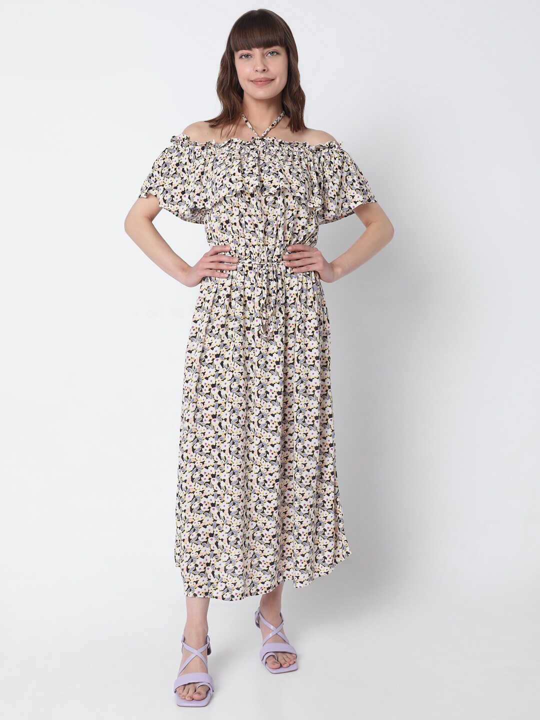 

Vero Moda Cream-Coloured & Black Floral Off-Shoulder Midi Dress