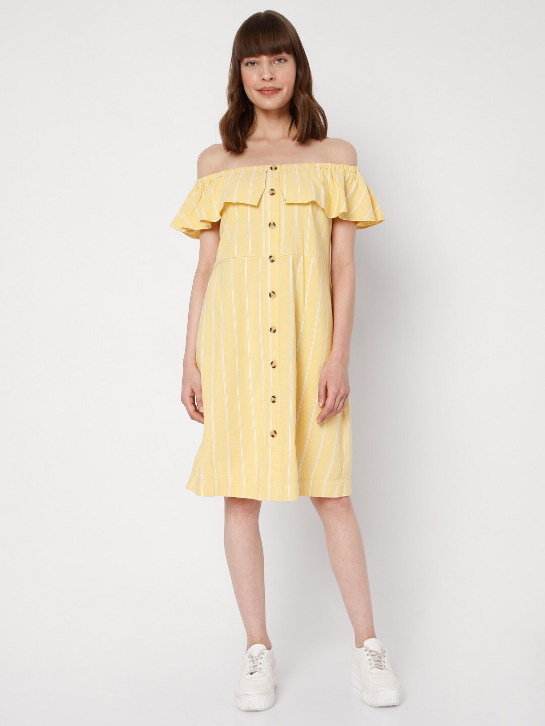 

Vero Moda Yellow & White Striped Off-Shoulder A-Line Dress