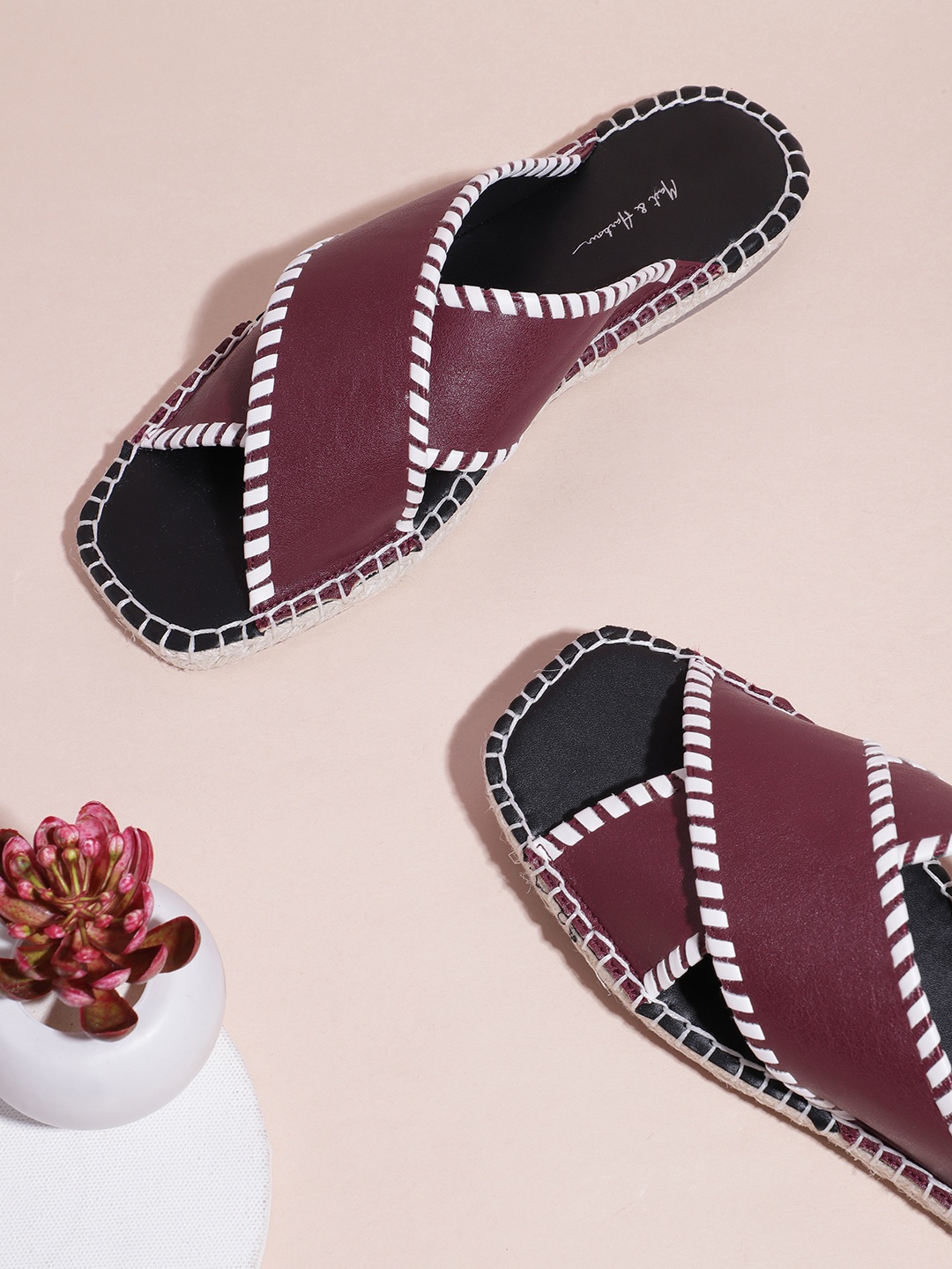 

Mast & Harbour Women Burgundy & White Woven Design Open Toe Flats