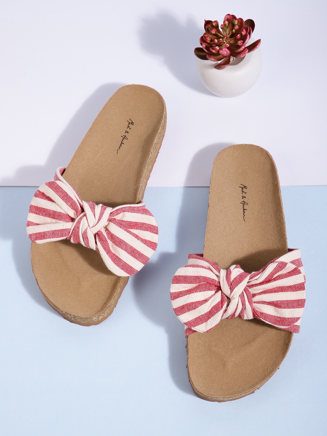 

Mast & Harbour Women Off White & Red Striped Open Toe Flats with Bows