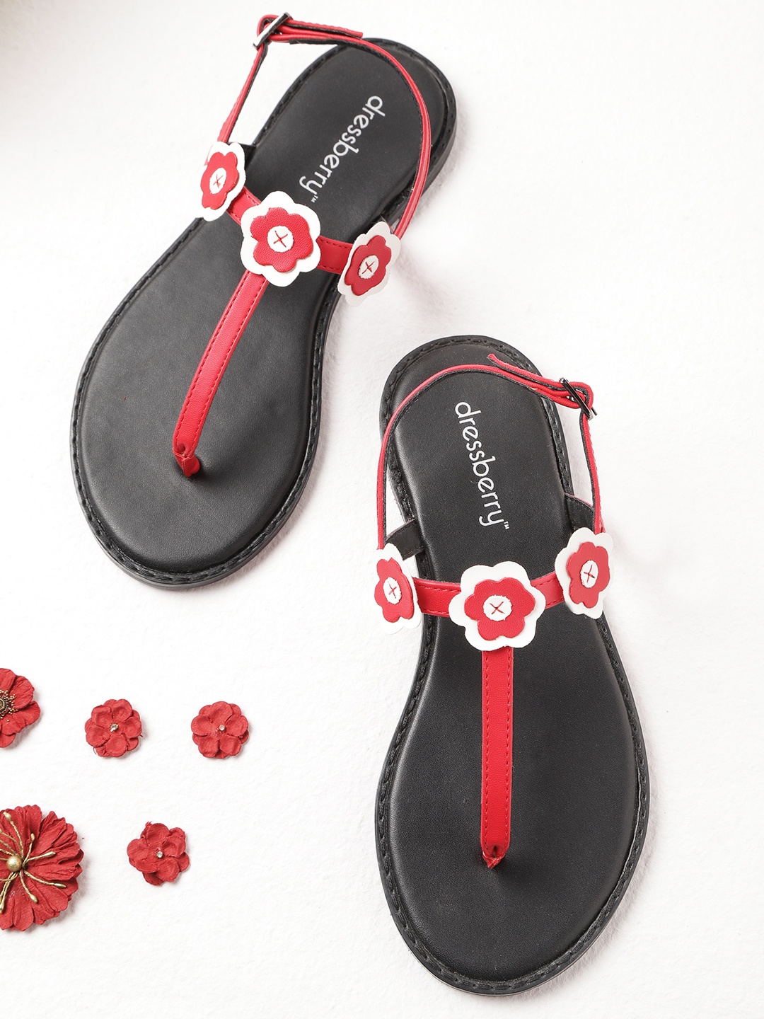 

DressBerry Women Red & White Floral Applique T-Strap Flats