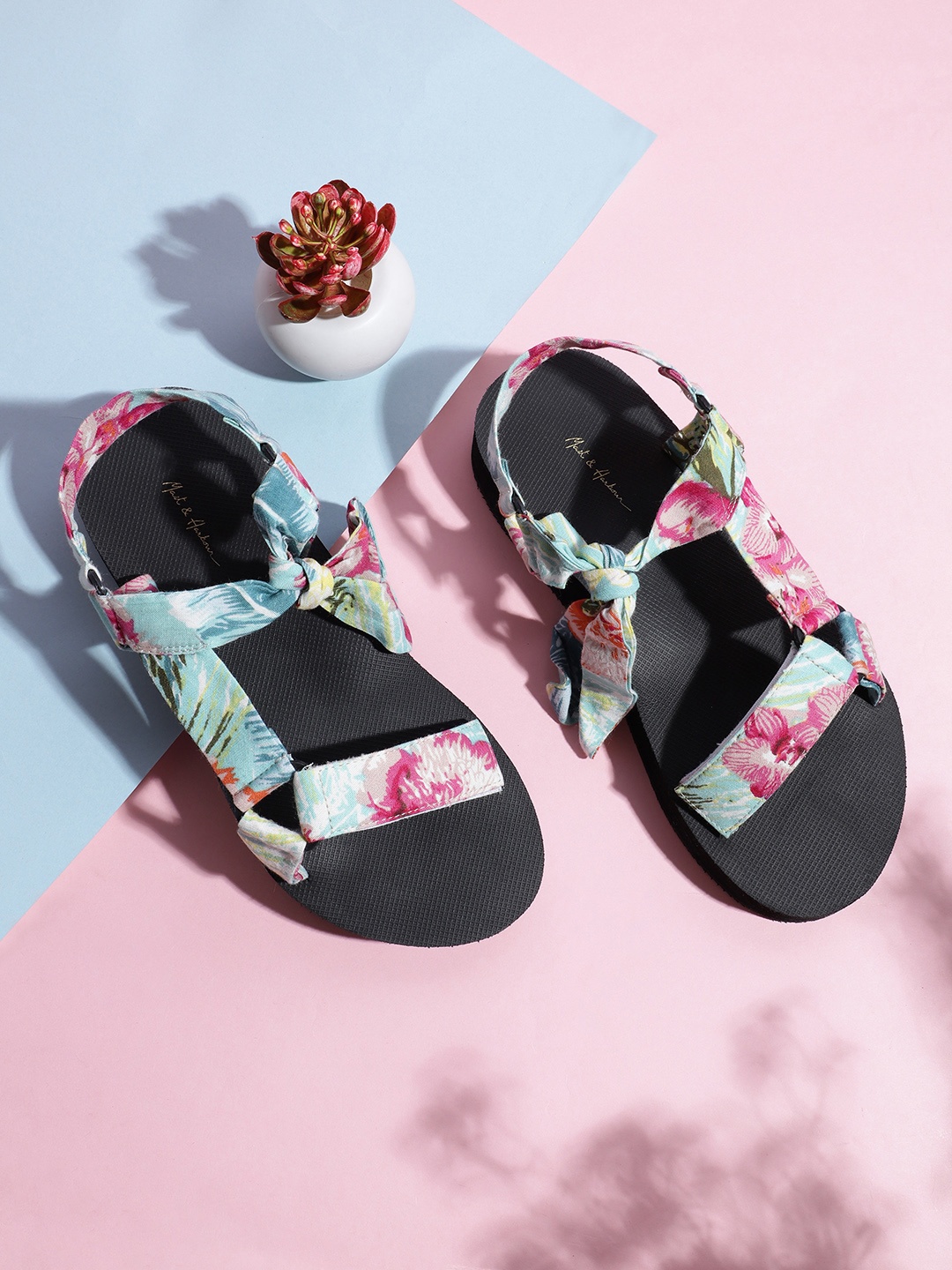 

Mast & Harbour Women Blue & Yellow Floral Printed Open Toe Flats with Knot Detail