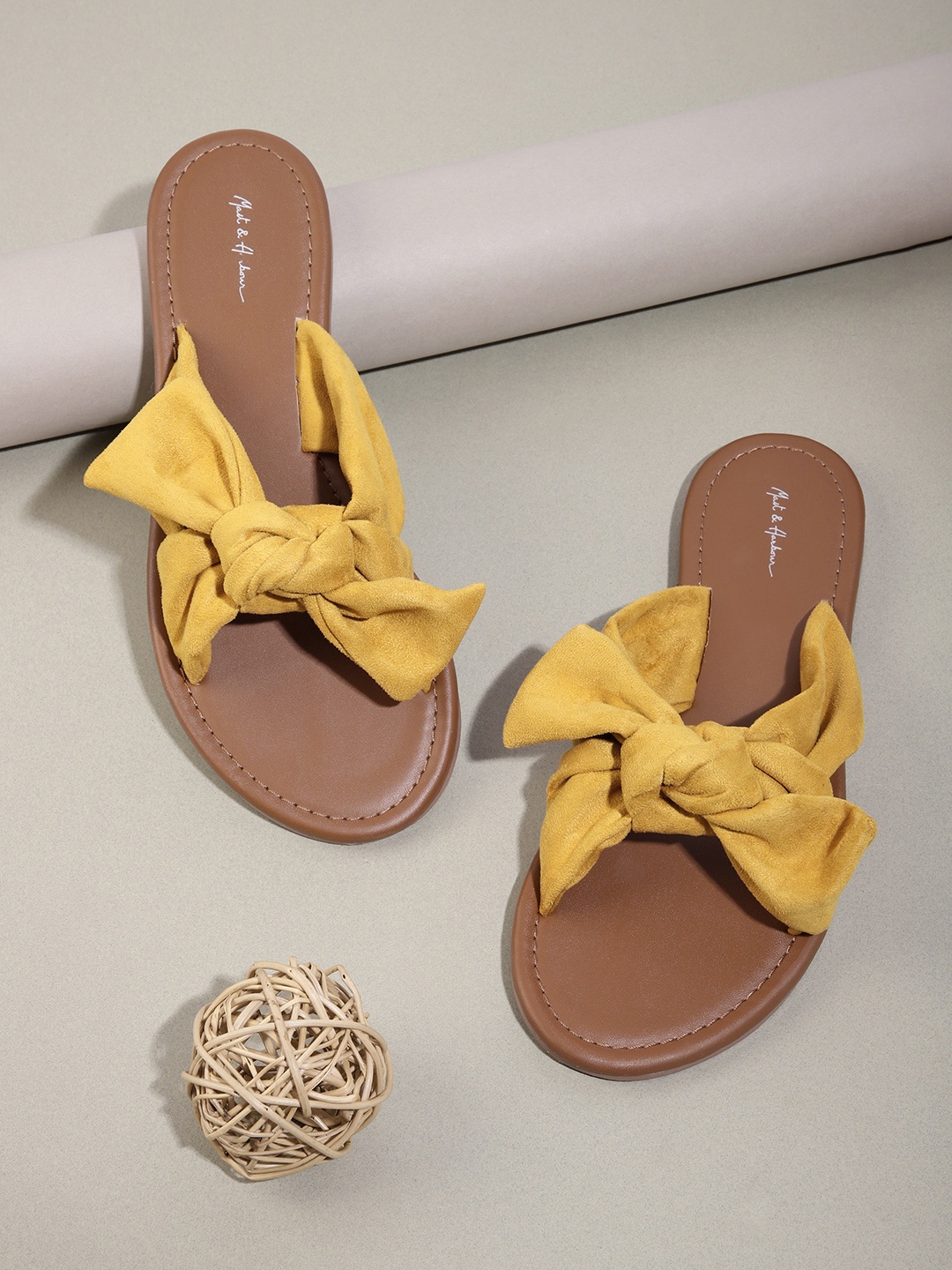 

Mast & Harbour Women Mustard Yellow Open Toe Flats with Bow Detail