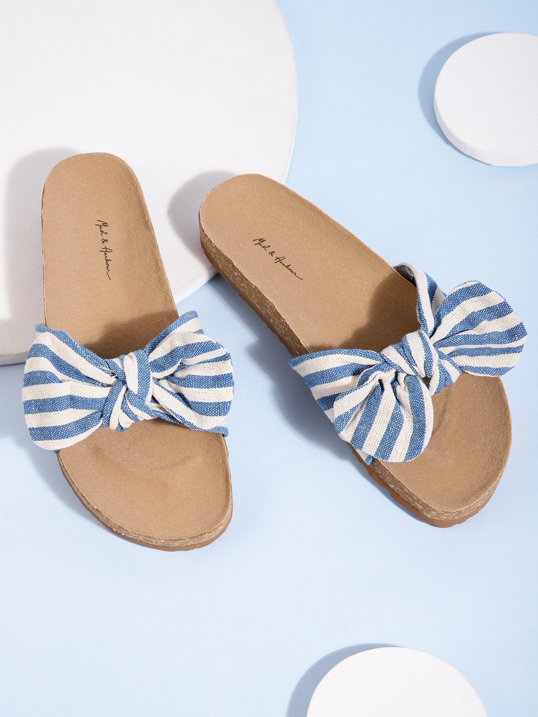 

Mast & Harbour Women Blue & White Striped Open Toe Flats with Bow Detail