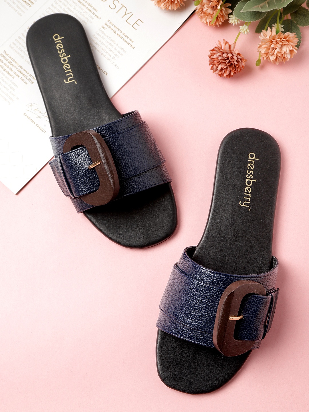 

DressBerry Women Navy Blue Solid Open Toe Flats with Buckles