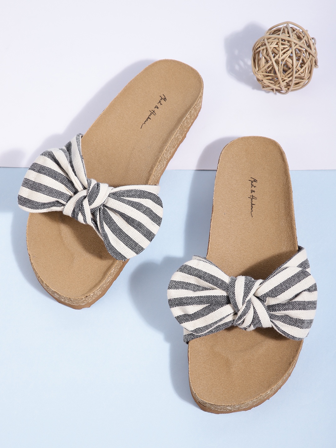 

Mast & Harbour Women Off White & Blue Striped Open Toe Flats with Bow Detail
