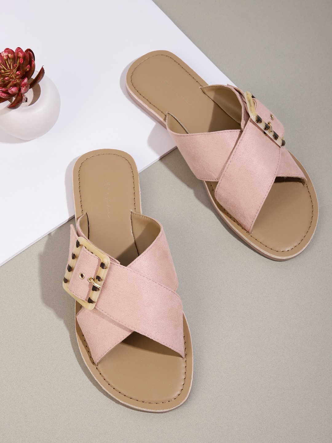 

Mast & Harbour Women Pink Solid Open Toe Flats with Buckle Detail, Rose