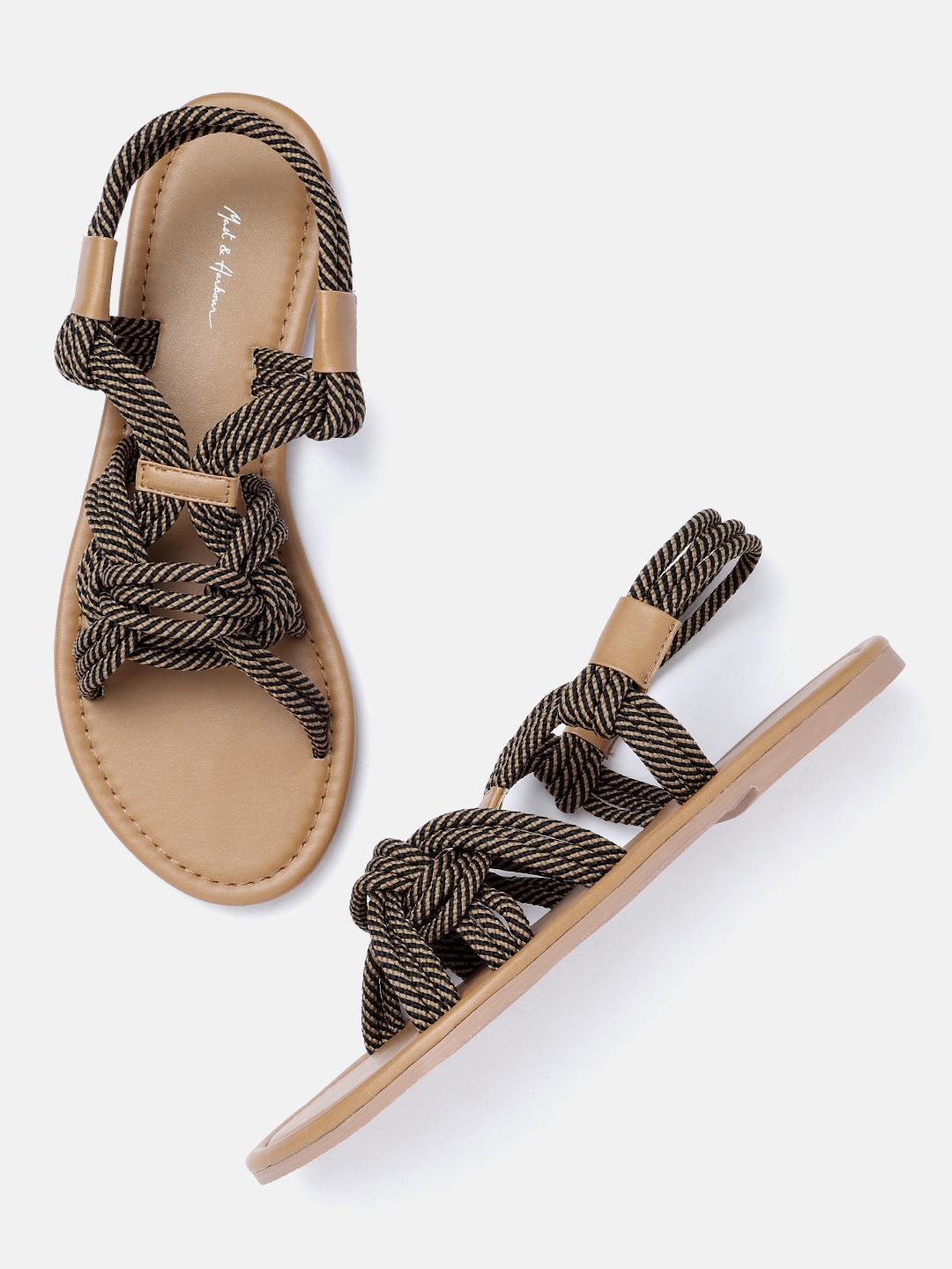 

Mast & Harbour Women Camel Brown & Black Striped Braided Woven Design Open Toe Flats