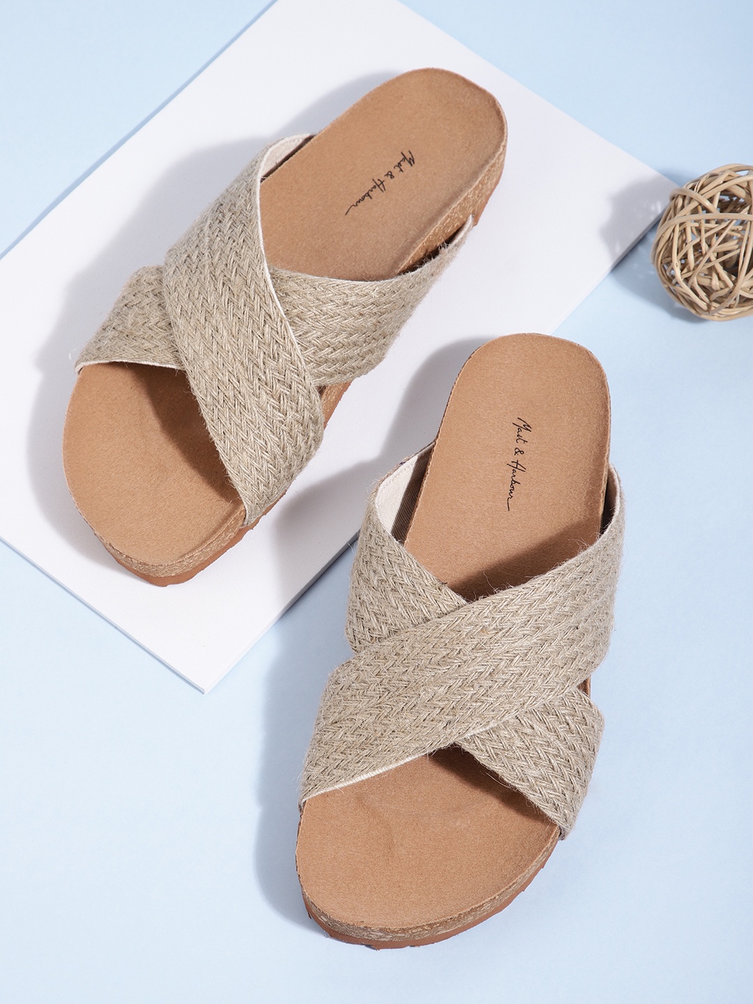 

Mast & Harbour Women Beige Woven Design Criss-Cross Open Toe Flats