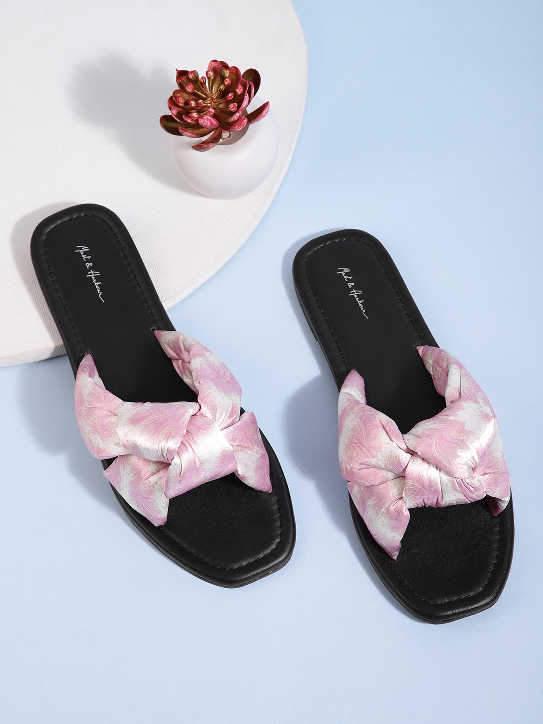 

Mast & Harbour Women Pink & White Printed Open Toe Flats with Knot Detail