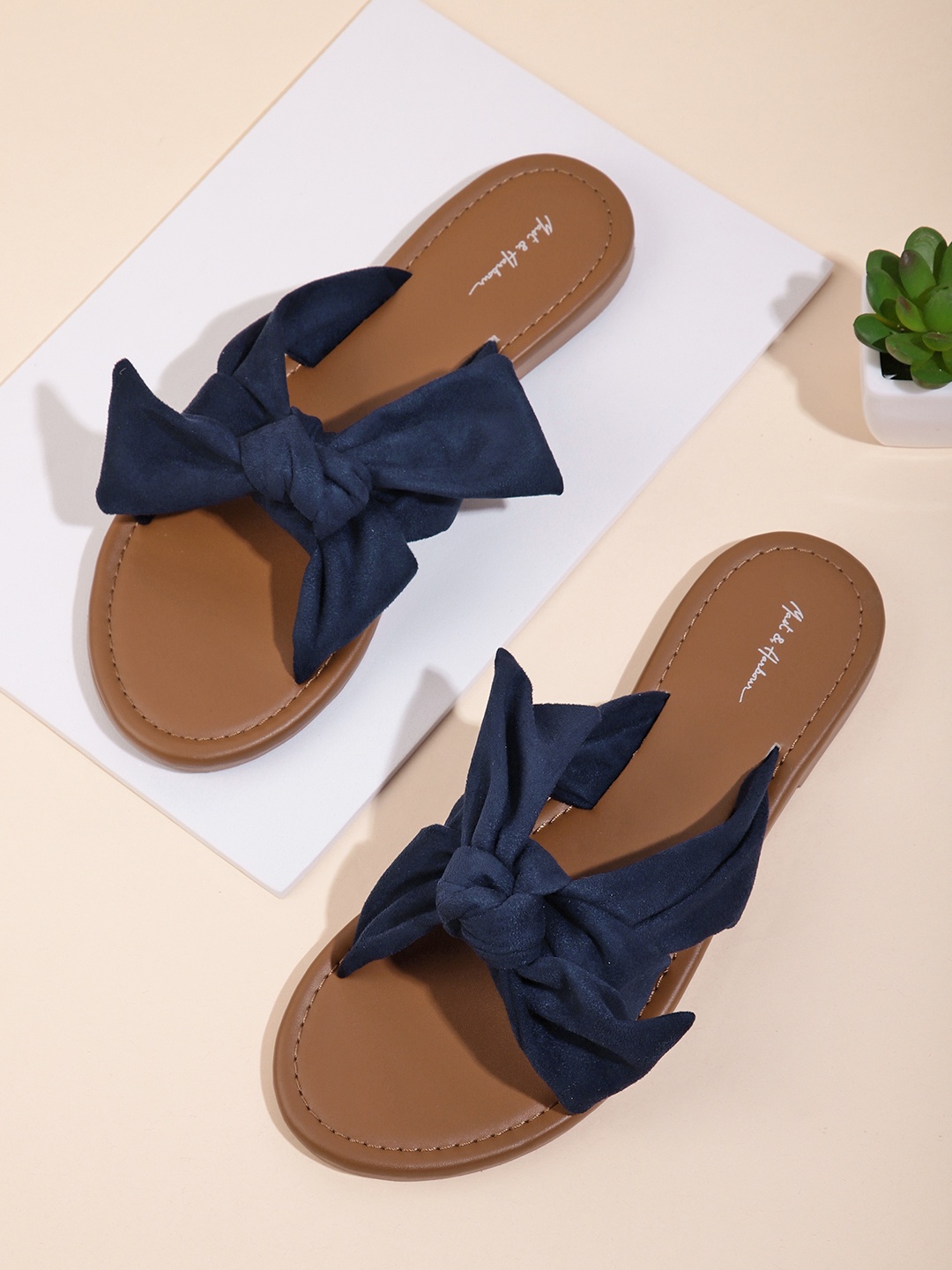 

Mast & Harbour Women Navy Blue Solid Suede Finish Knot Detail Open Toe Flats with Bows