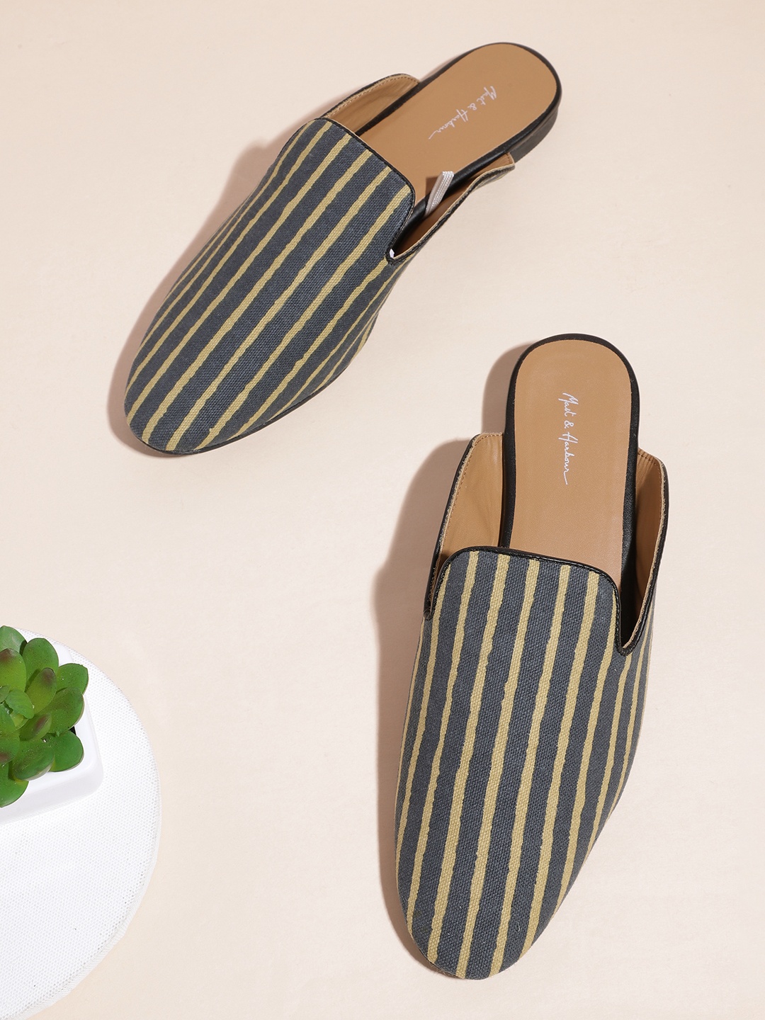 

Mast & Harbour Women Navy Blue & Mustard Yellow Striped Mules