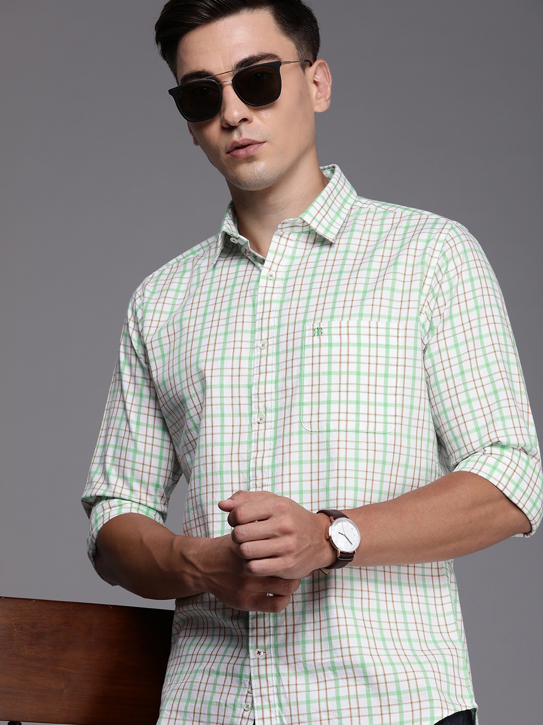 

Raymond Men Green & Brown Slim Fit Checked Pure Cotton Casual Shirt