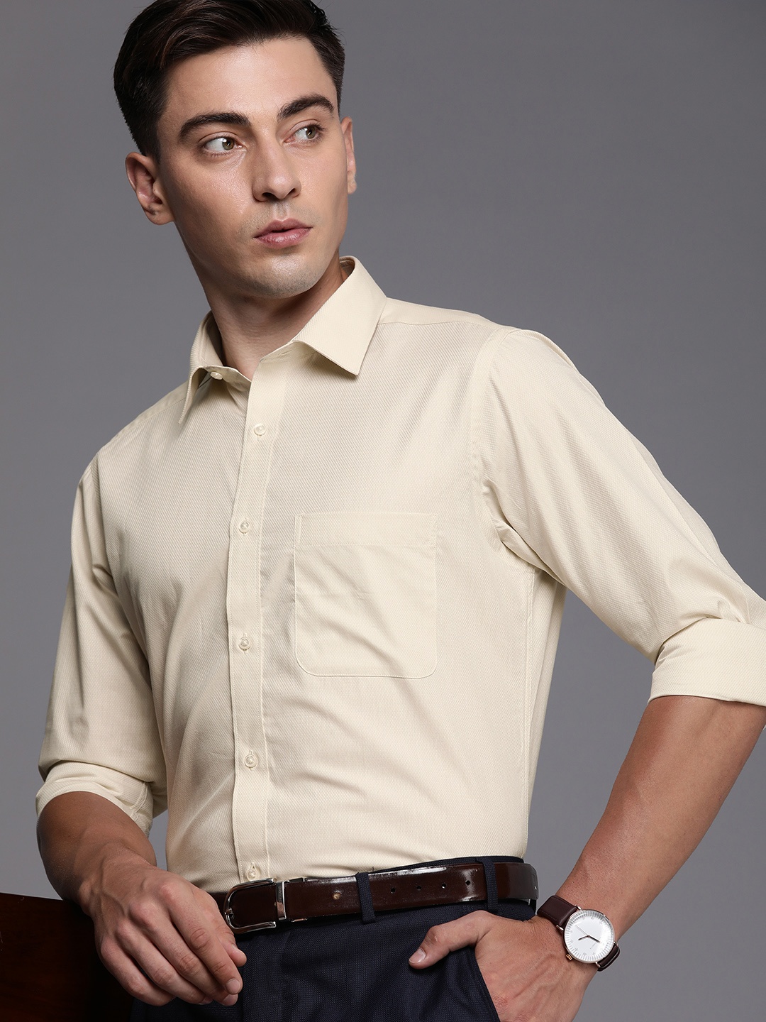 

Raymond Men Beige Solid Textured Slim Fit Formal Shirt