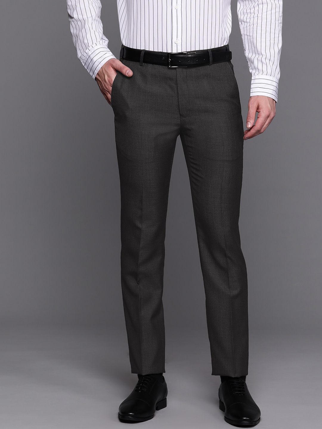 

Raymond Men Charcoal Black Solid Slim Fit Formal Trousers