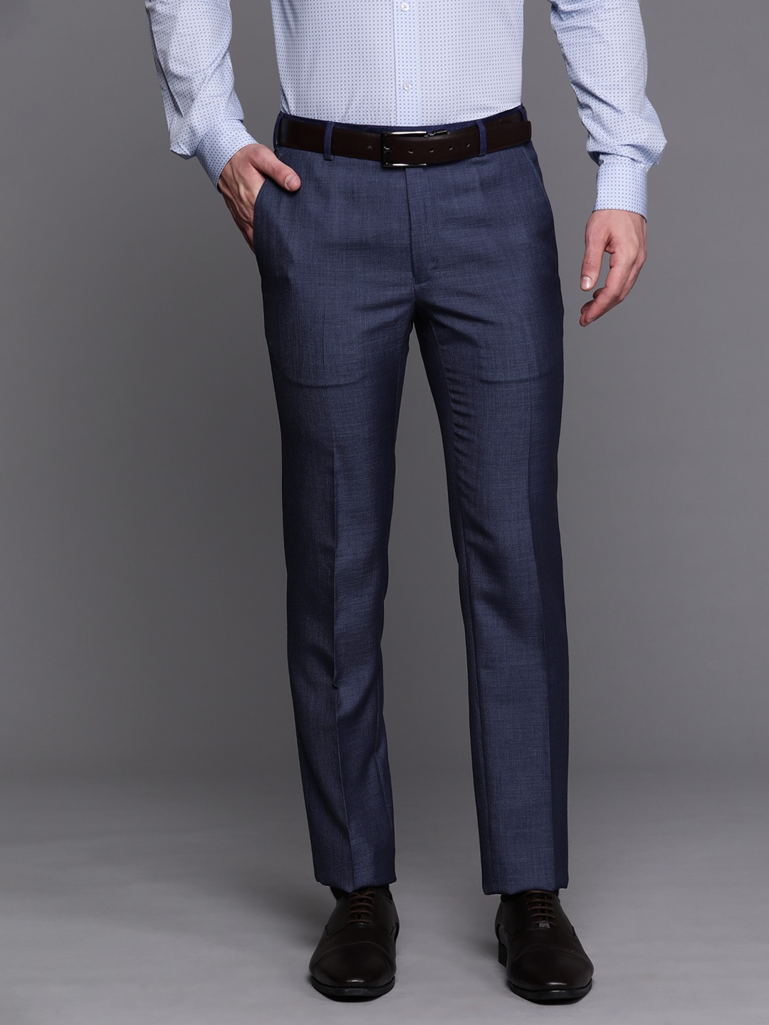 

Raymond Men Navy Blue Solid Slim Fit Trousers