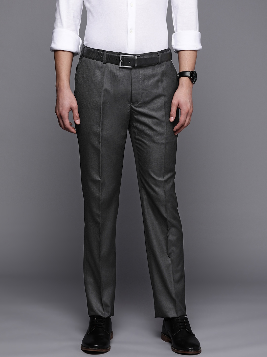 

Raymond Men Self-Design Slim Fit Formal Trousers, Charcoal