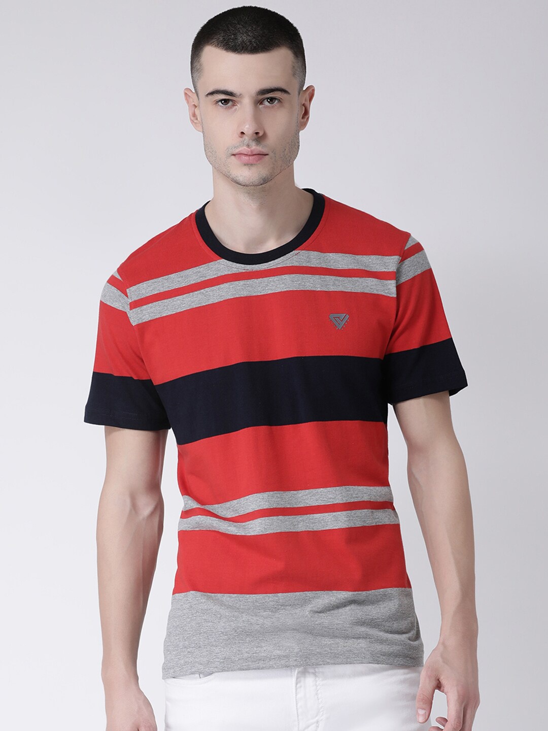 

Club York Men Red & Grey Striped Round Neck Cotton T-shirt