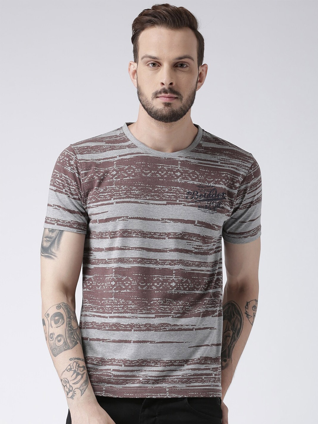 

Club York Men Grey & Brown Striped Cotton T-shirt