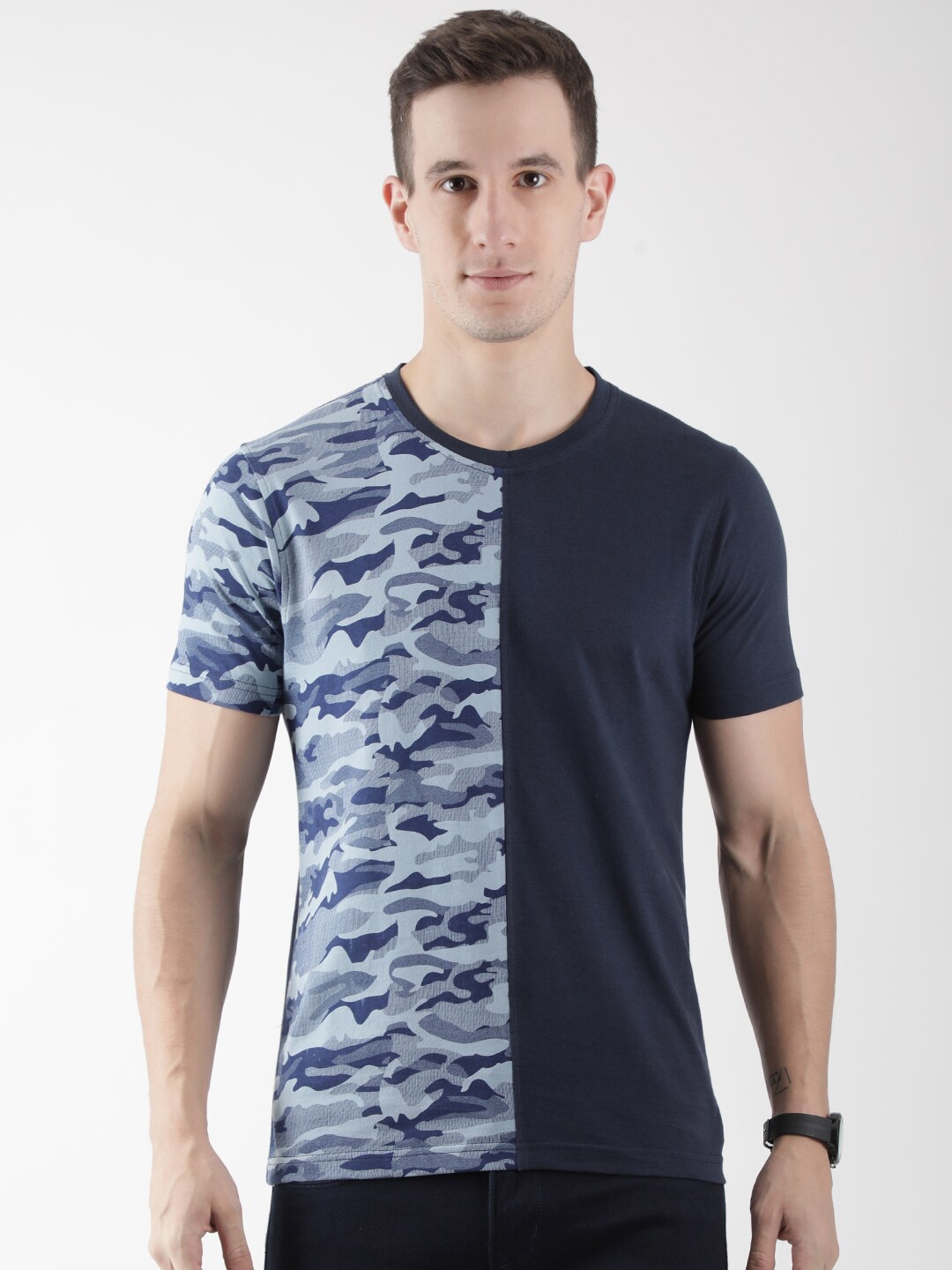 

Club York Men Navy Blue Camouflage Printed Cotton T-shirt
