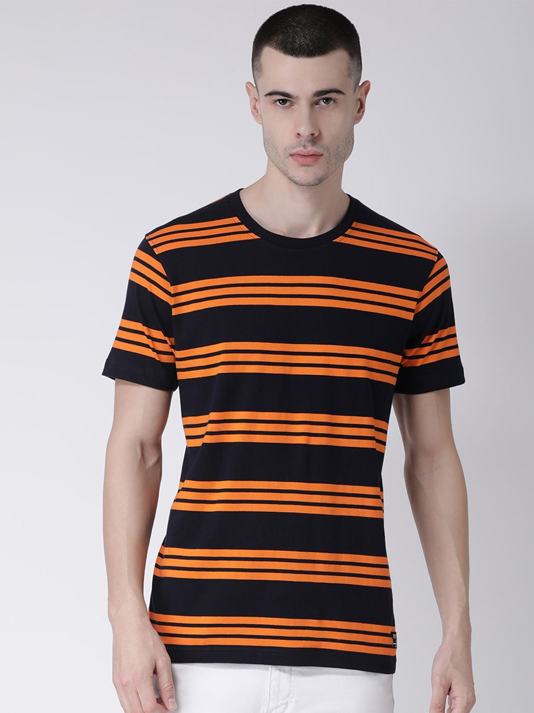 

Club York Men Navy Blue & Orange Striped T-shirt