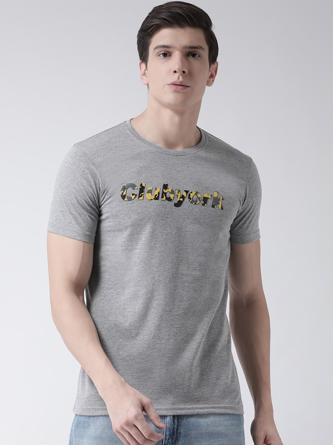 

Club York Men Grey & Yellow Brand Logo Applique Cotton T-shirt