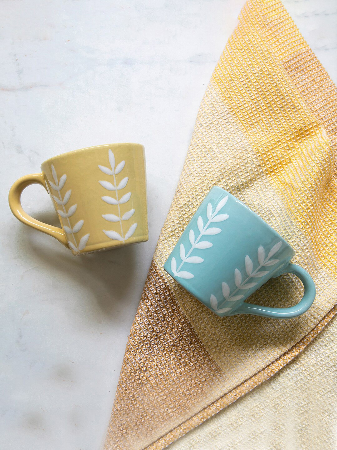 

ellementry Set Of 2 Yellow & Blue Floral Printed Ceramic Glossy Cups