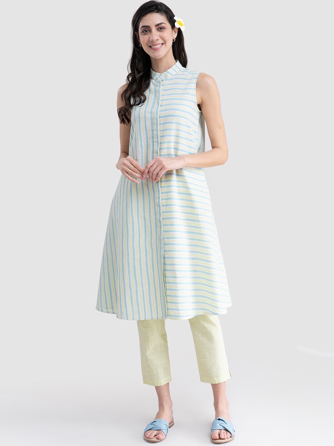 

Pink Fort Women Yellow Striped Layered Pure Cotton Kurti with Trousers