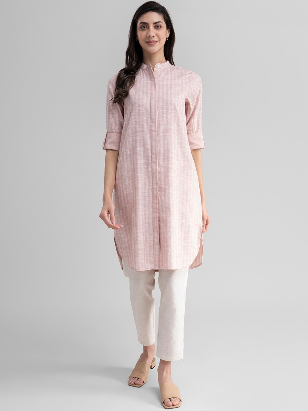 

Pink Fort Women Pink & White Striped Cotton Pathani Kurta