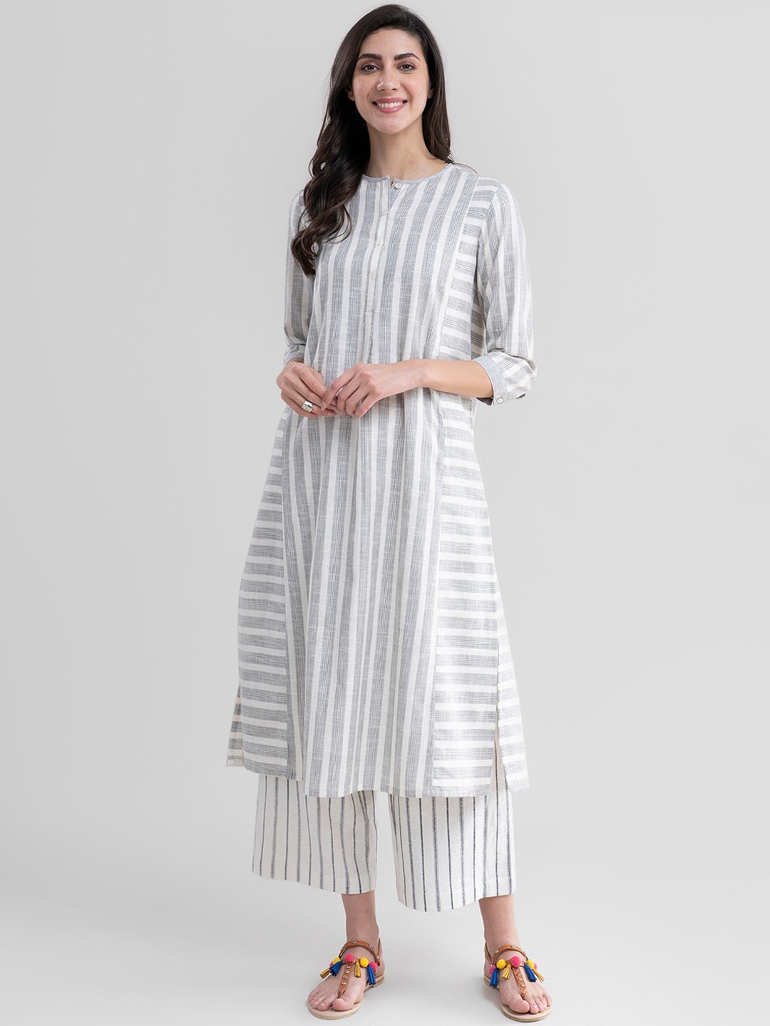 

Pink Fort Women Off White Striped A-Line Kurta