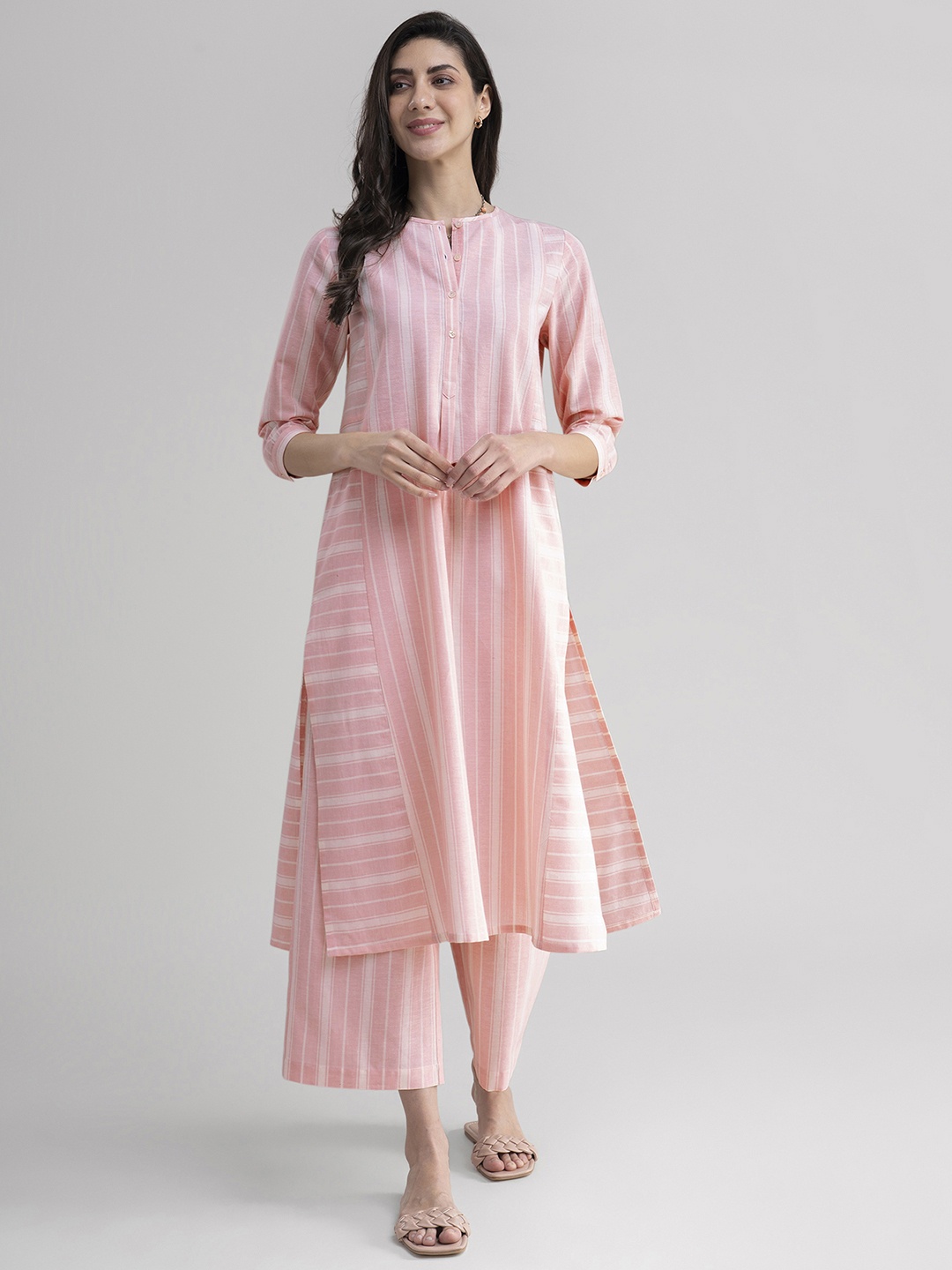 

Pink Fort Women Off White Striped Layered Pure Cotton Kurti with Palazzos