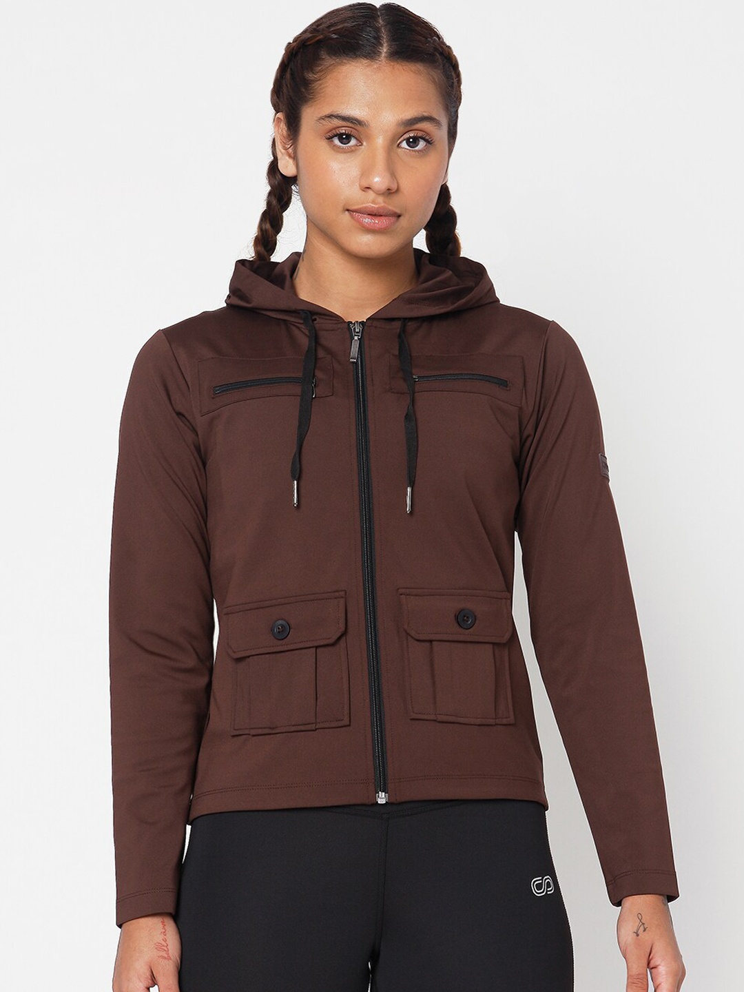 

Silvertraq Women Coffee Brown Hooded Cargo Pocket Tailored Jacket