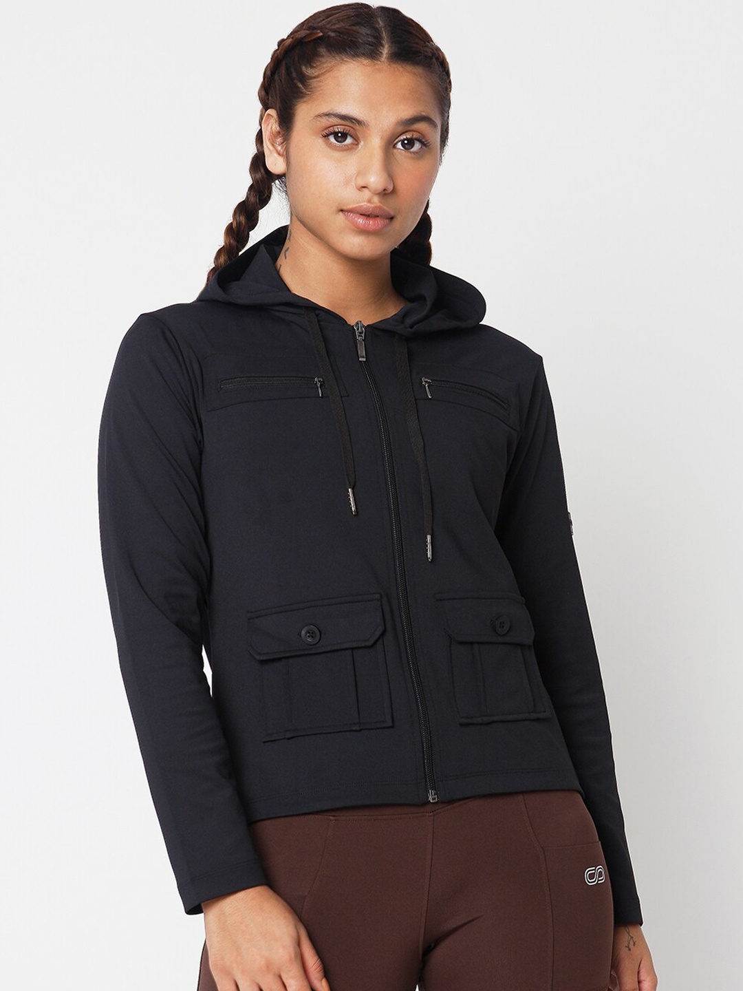 

Silvertraq Women Black Tailored Hooded Jacket