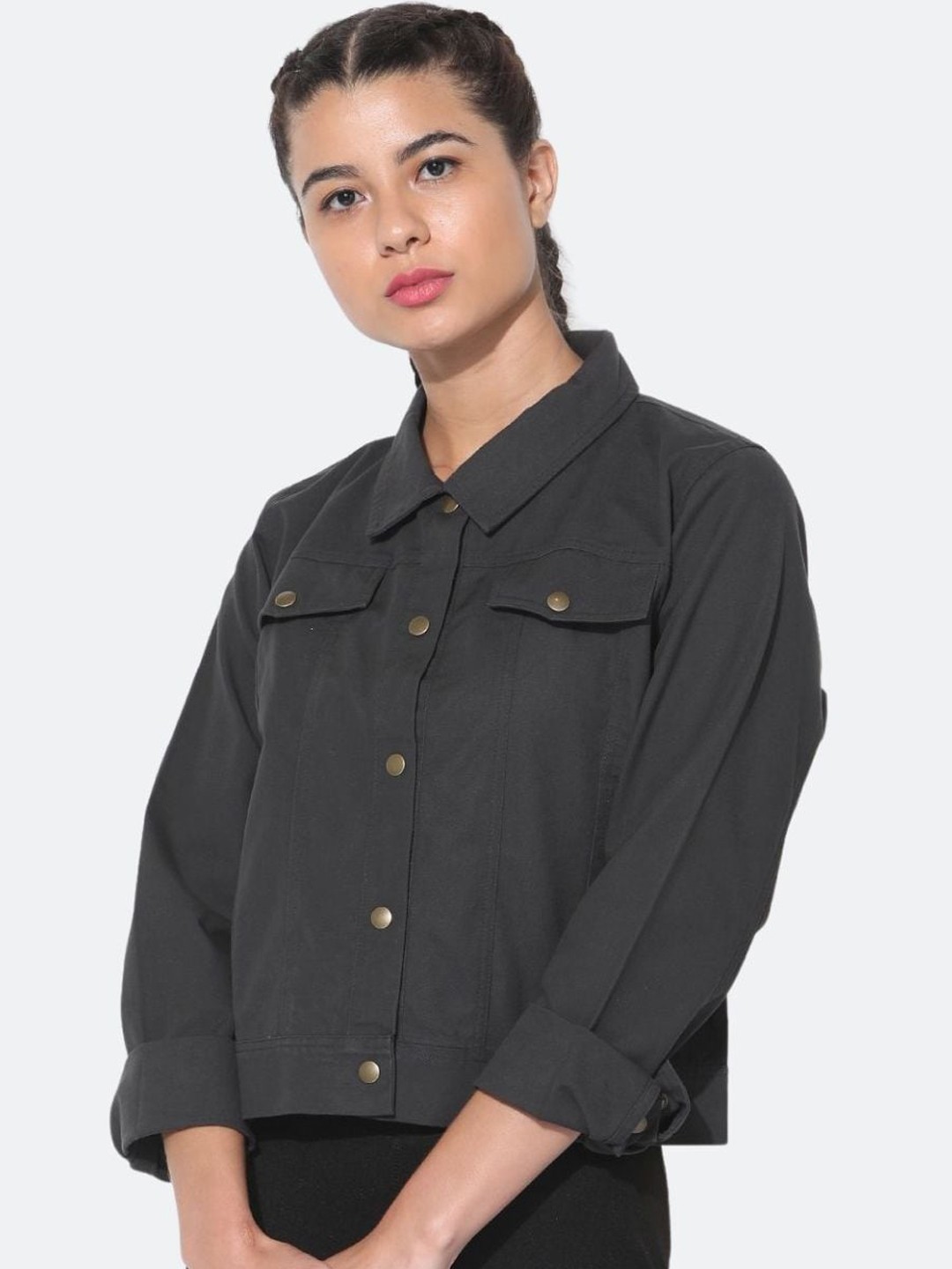 

Silvertraq Women Grey Solid Crop Canvas Jacket