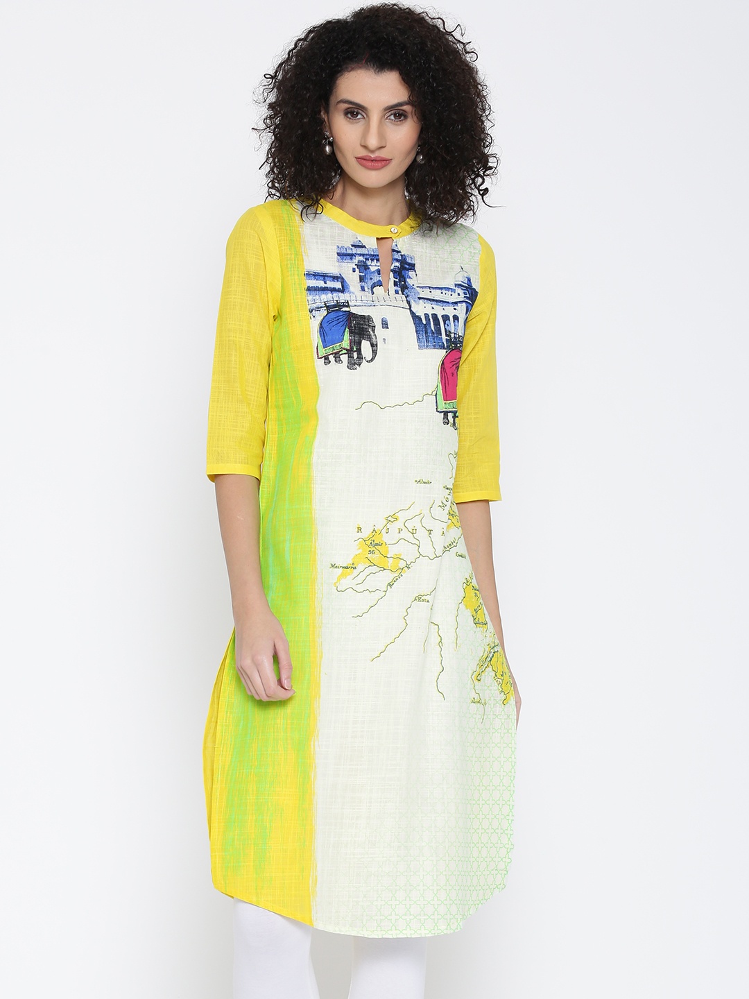 

AURELIA Women Yellow & White Printed Straight Kurta