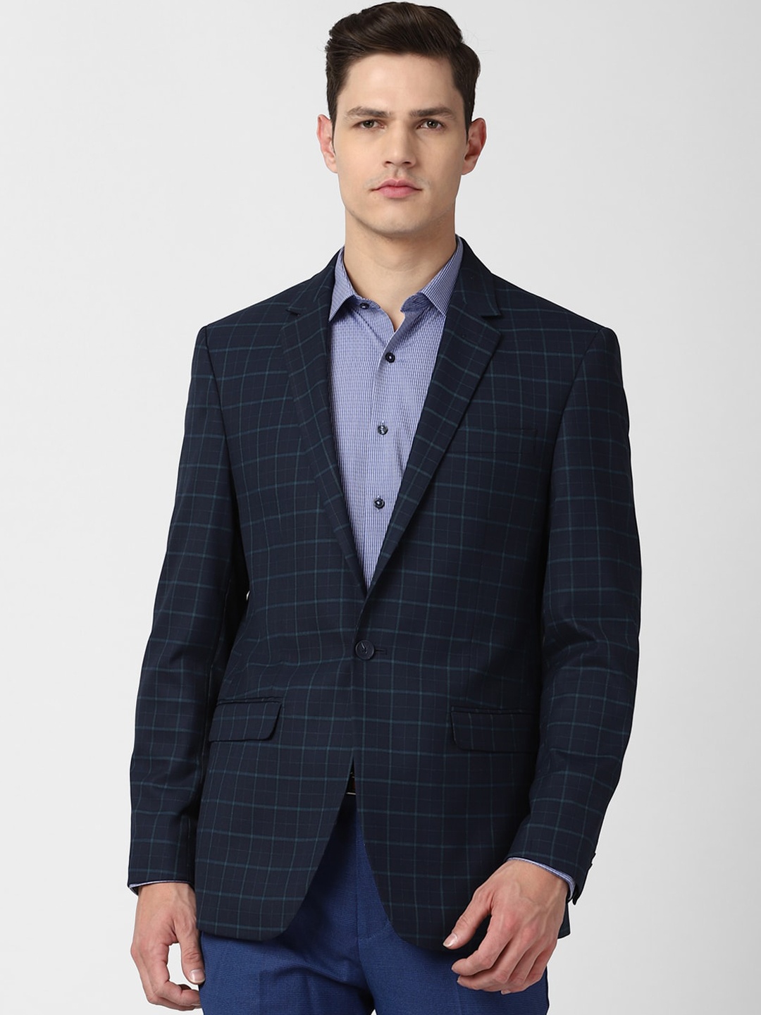 

Peter England Elite Men Navy Blue Checked Formal Blazers