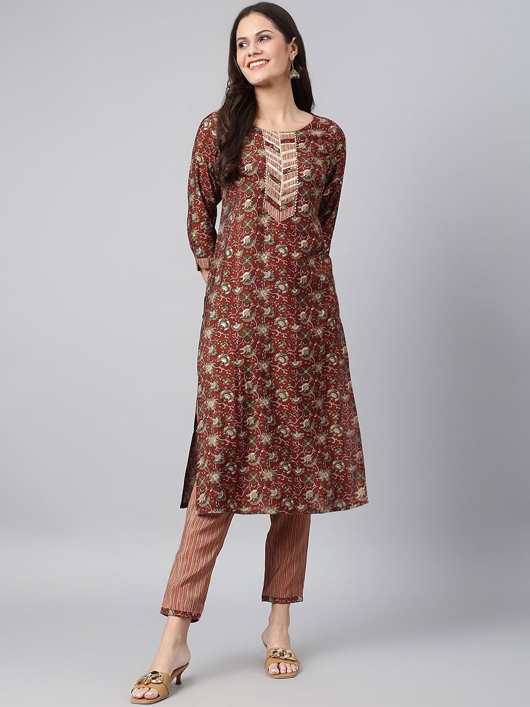 

Os Women Maroon Printed Panelled Thread Work Kurta with Trousers