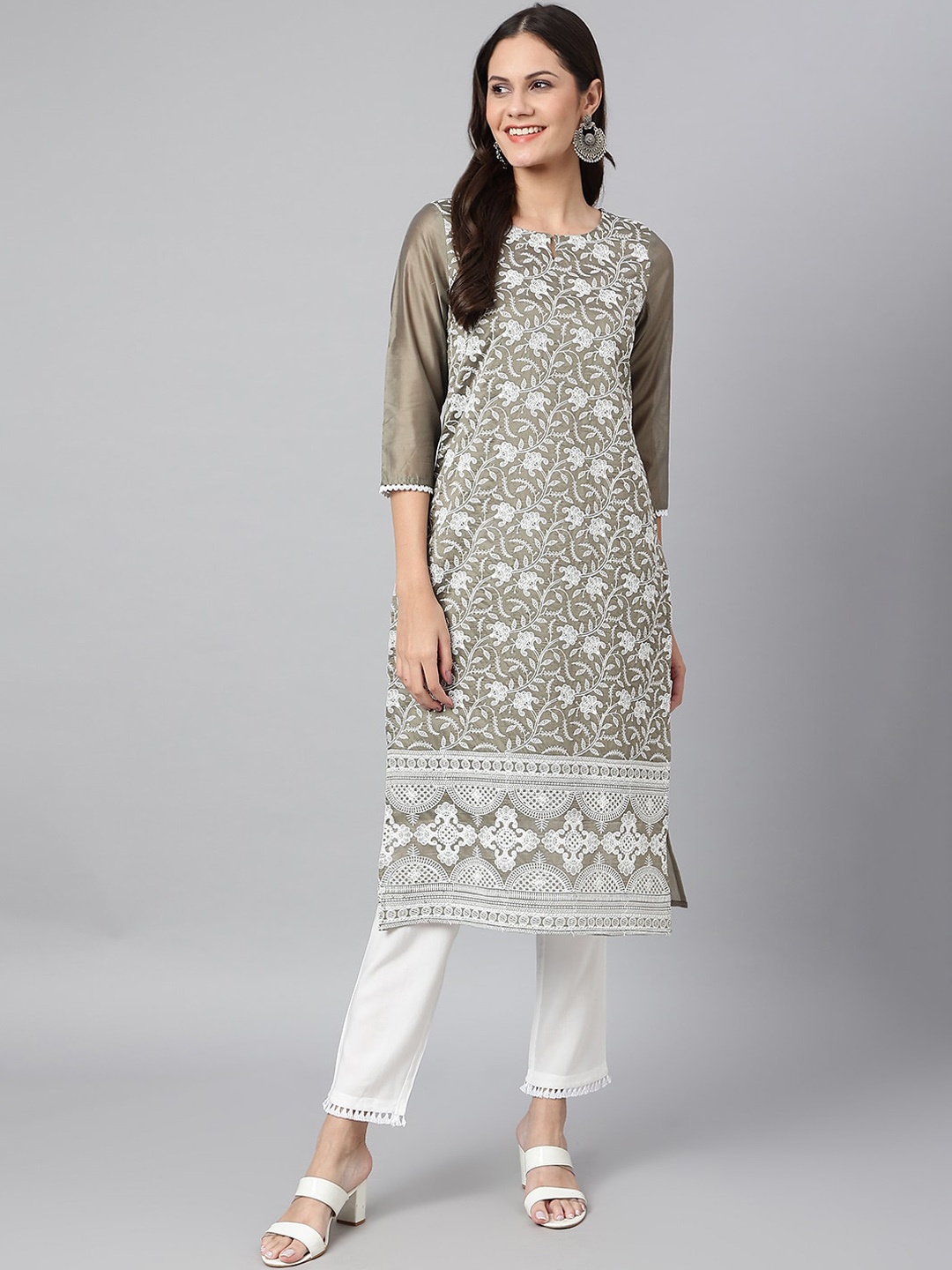 

Os Women Grey Ethnic Motifs Printed Thread Work Chanderi Silk Kurta with Trousers