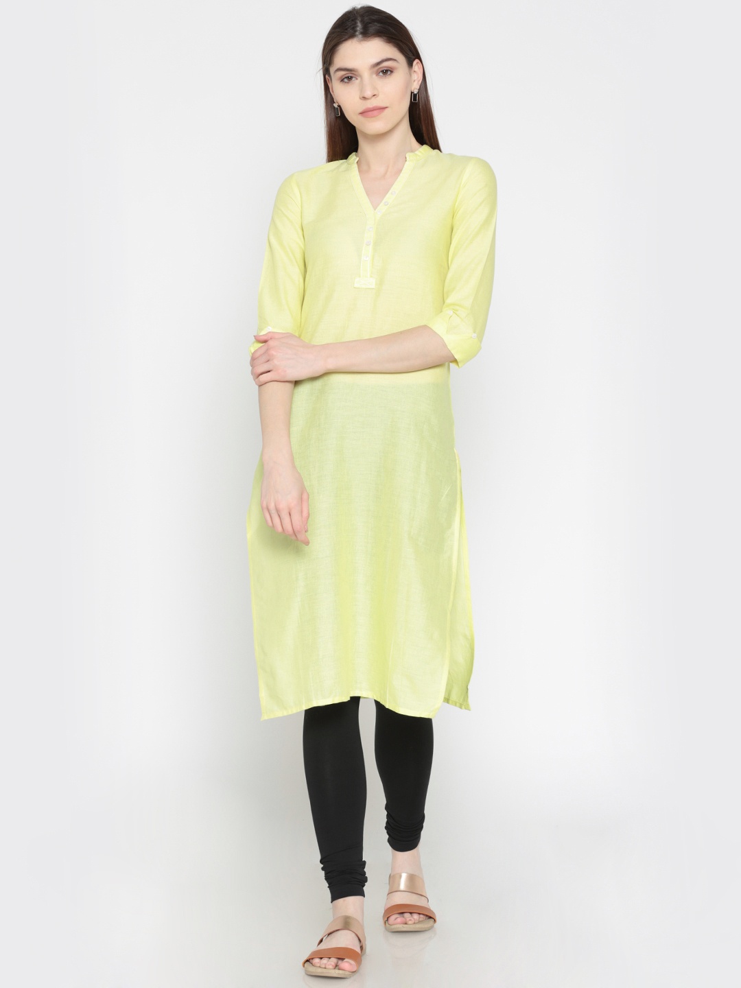 

AURELIA Women Yellow Solid Straight Kurta