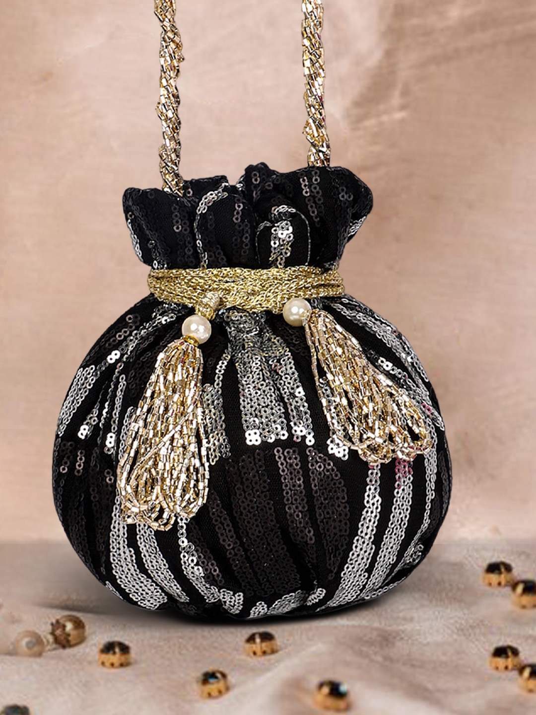 

ARTFLYCK Women Black & Silver-Toned Embellished Potli Clutch