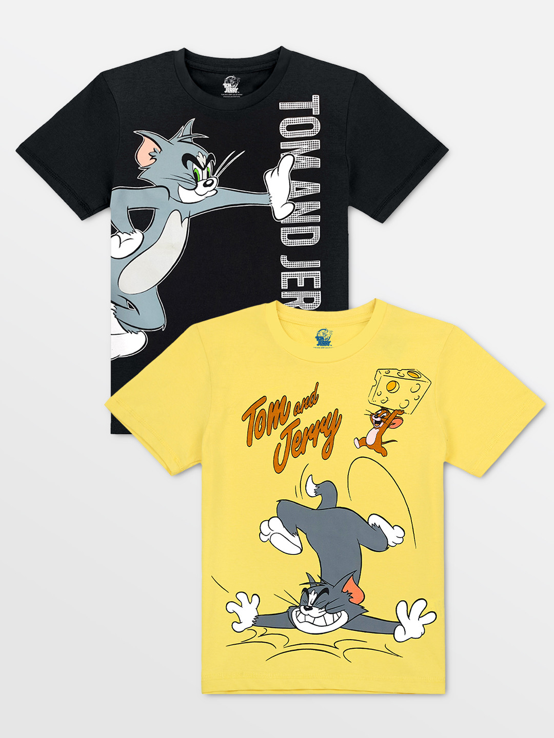 

Kids Ville Boys Black & Yellow Pack Of 2 Tom & Jerry Printed Pure Cotton T-shirt