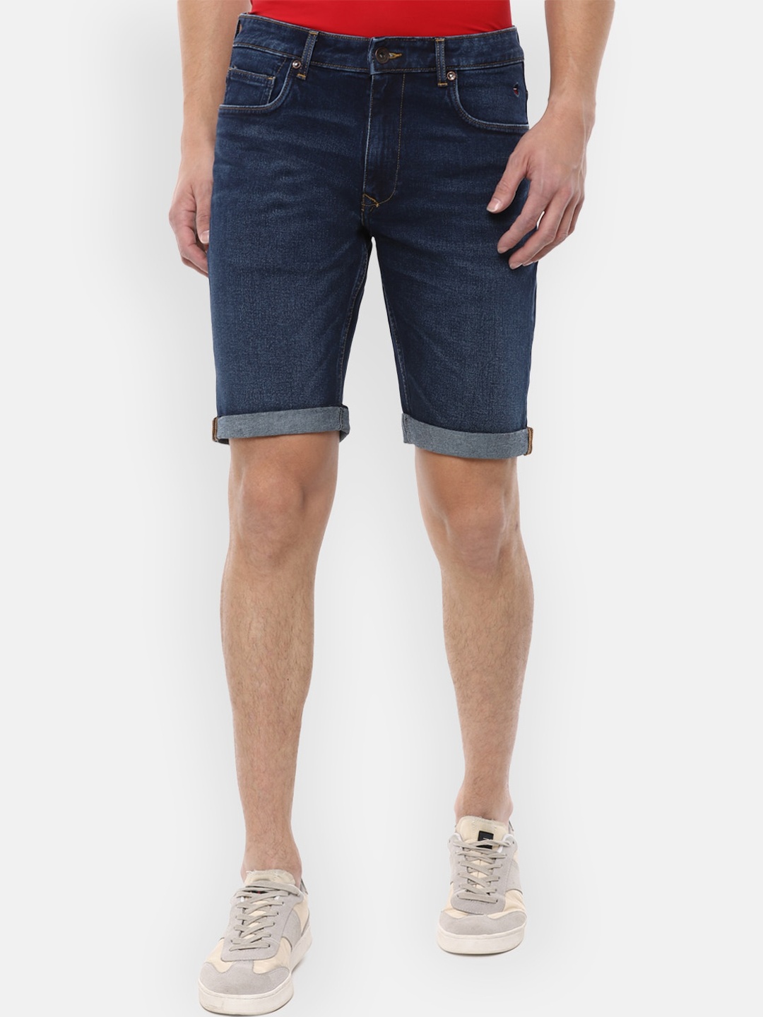 

Louis Philippe Jeans Men Navy Blue Washed Slim Fit Denim Shorts