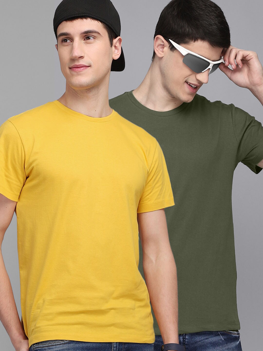 

Free Authority Men Pack of 2 Olive Green & Mustard Yellow Pure Cotton T-shirts